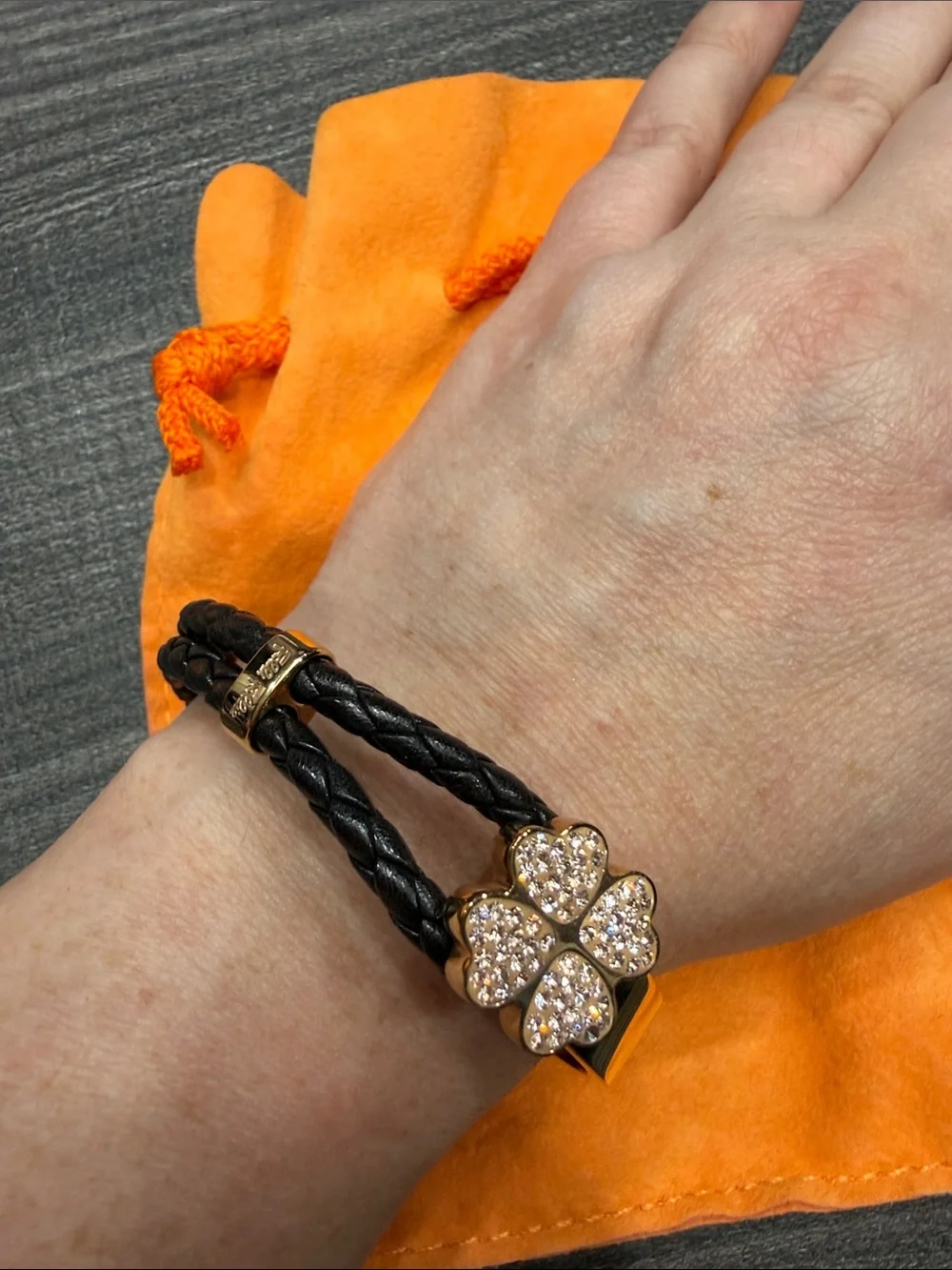 Brown Braided Leather Bracelet with Gold Four-Leaf Clover Charm